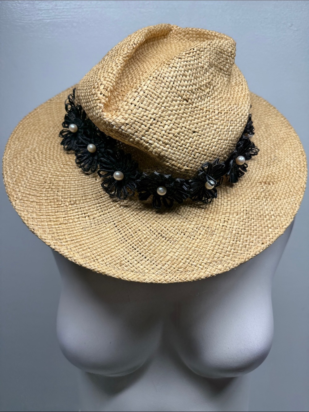 Eugenia Kim Blaine Fedora Hat Hemp Straw Floral Flower Pearls Band Tan Black New
